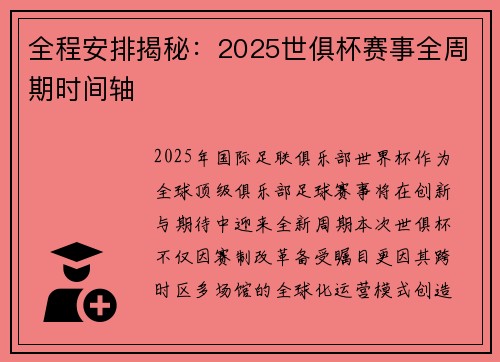 全程安排揭秘：2025世俱杯赛事全周期时间轴